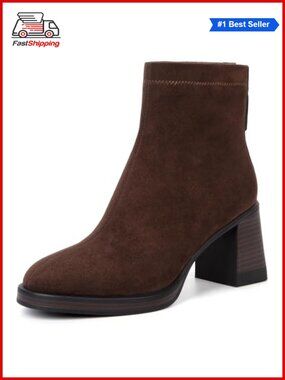 Genuine Suede Round Toe Ankle Boots Chunky Heel Slip-On with Zipper